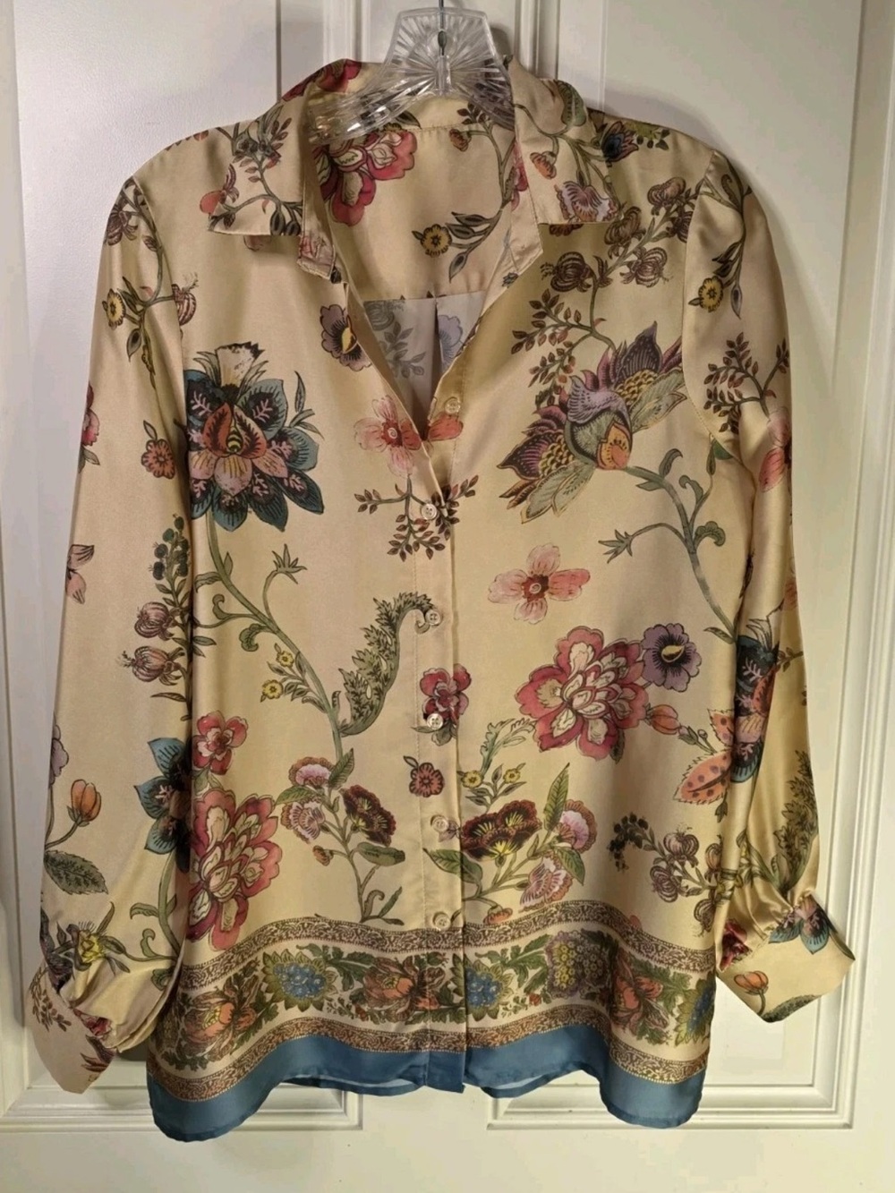 Elie Tahari Women S/M Satin Top Shirt Blouse Yellow Floral Button Down